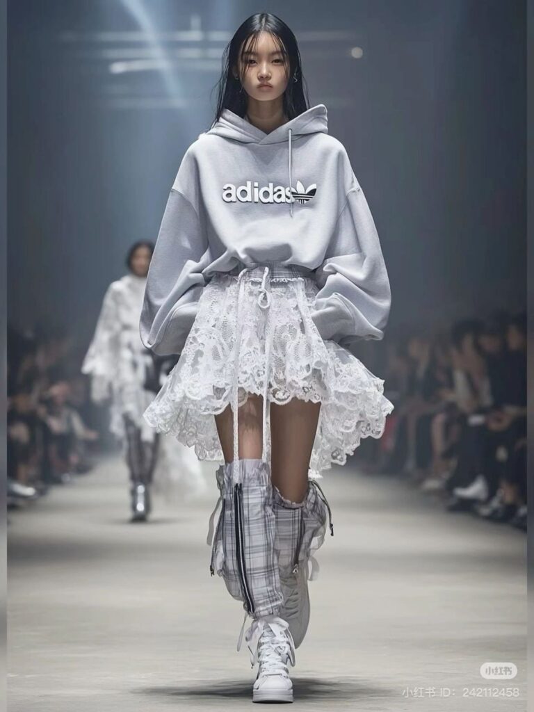model qui porte un hoddie addidas avec une jupe semi transparente, avec de soulier adidas