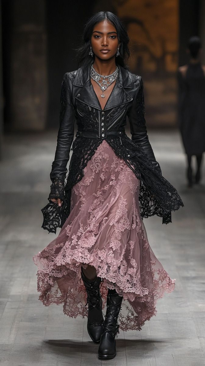 model foncé qui porte un collier, une robe noir et rose, elle porte une veste en cuire et des bottine ne cuire aussi